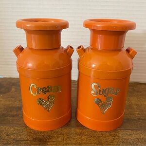 Vintage 70s DM Plastics Orange Creamer & Sugar Milk Can Containers Floral Design